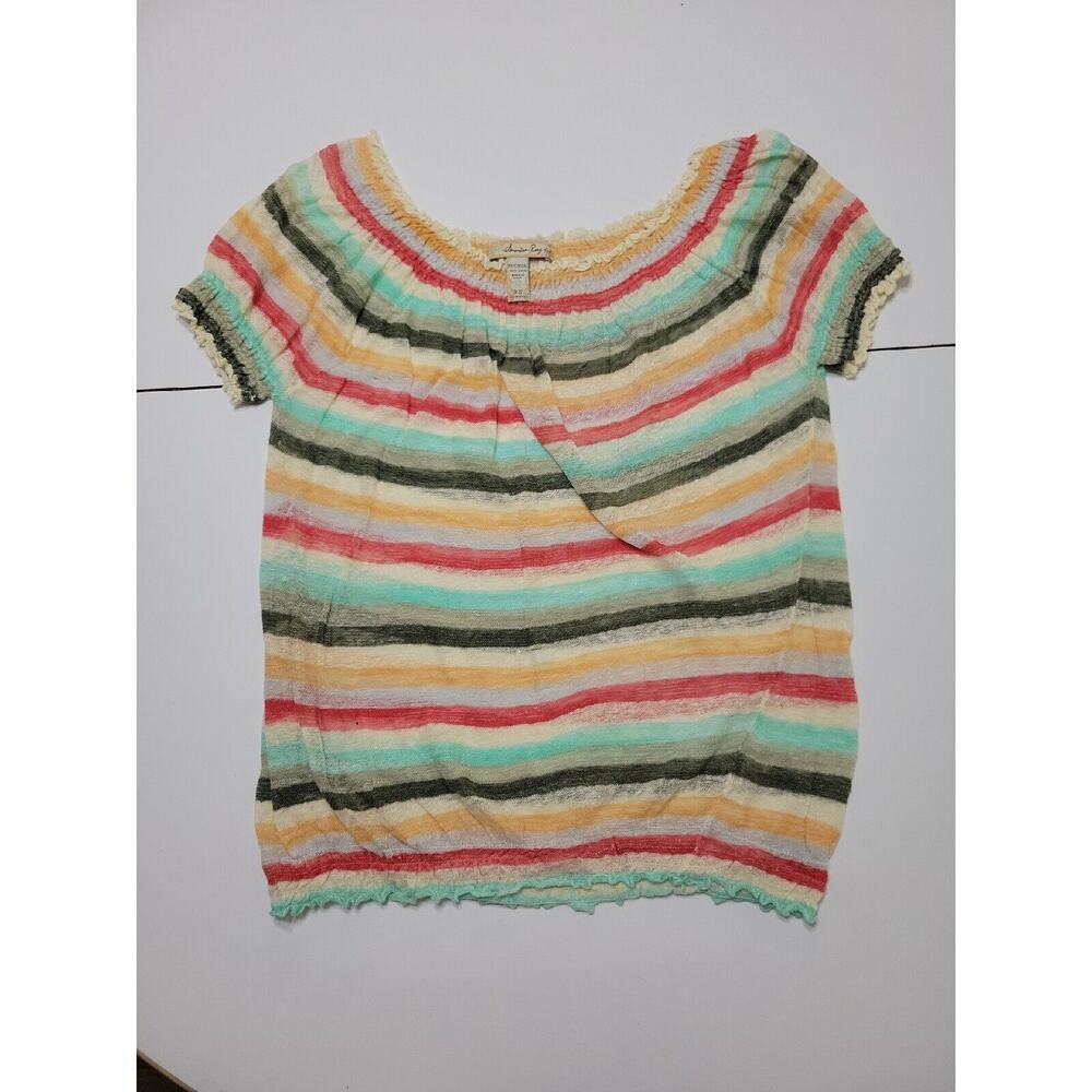 American Rag Womens XS Linen Rainbow Double Scoop Comfort Stretch Y2K Top Tee